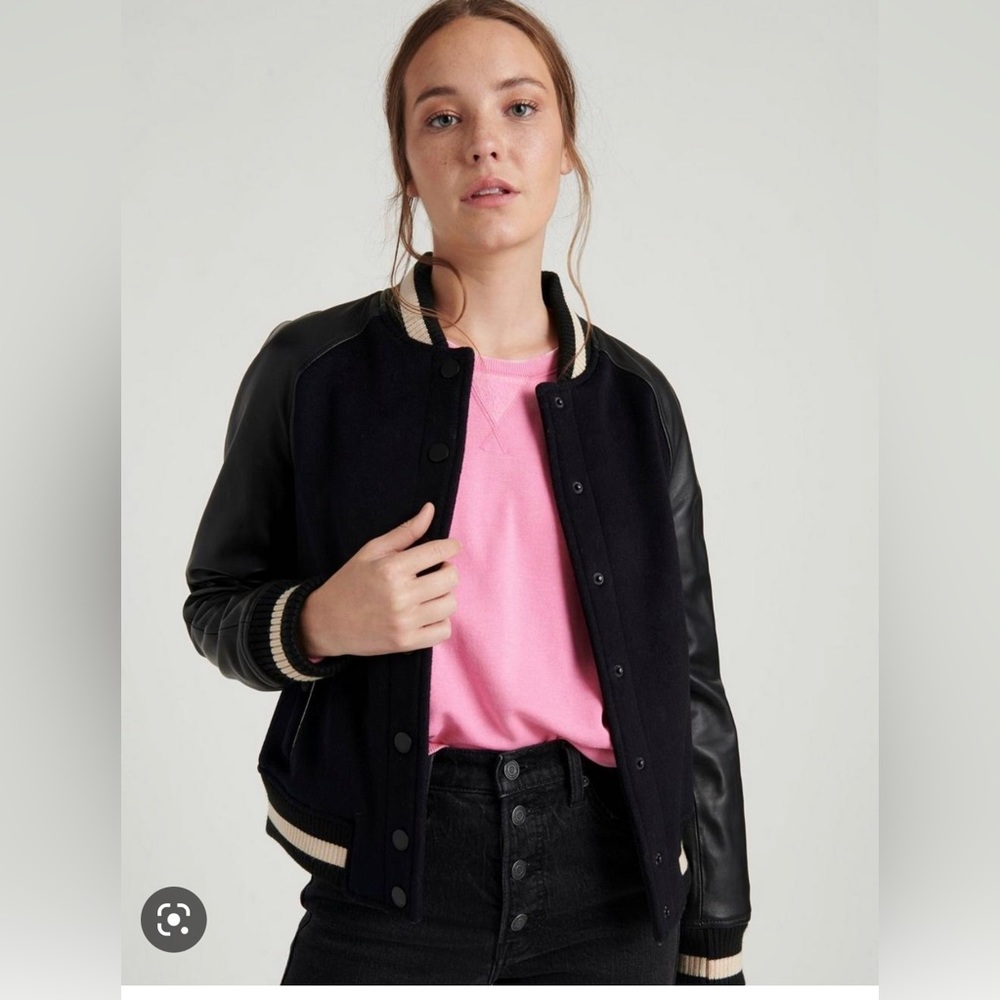 Lucky Brand Varsity Black Jacket with Leather Sleeves